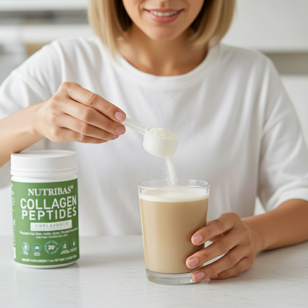 Person adding Nutribas Collagen Peptides to a glass of liquid