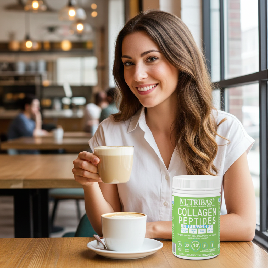 Woman holding a coffee cup with a Nutrivas Collagen Peptides container in a cafe setting