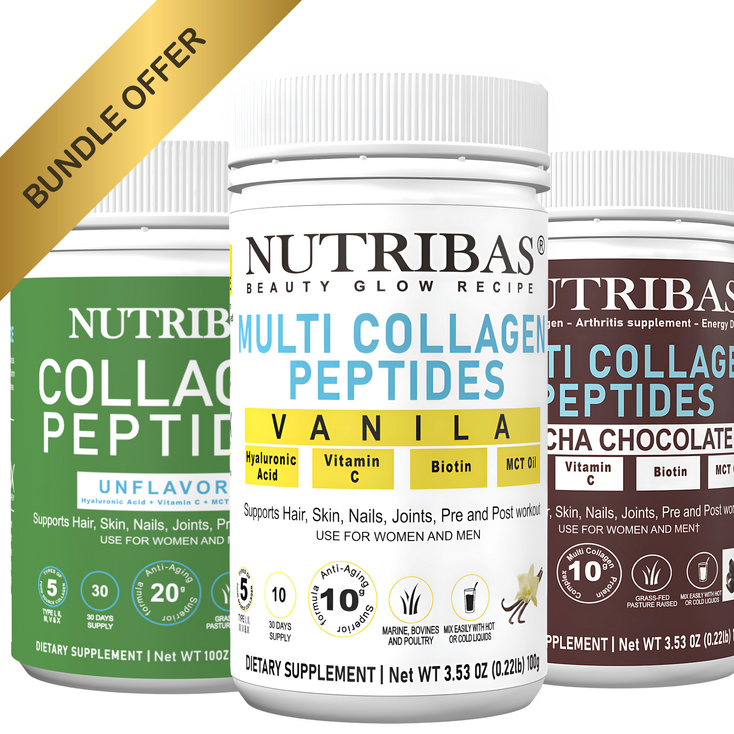Multi Collagen Peptides, Chocolate and Unflavored and Vanilla Bundle