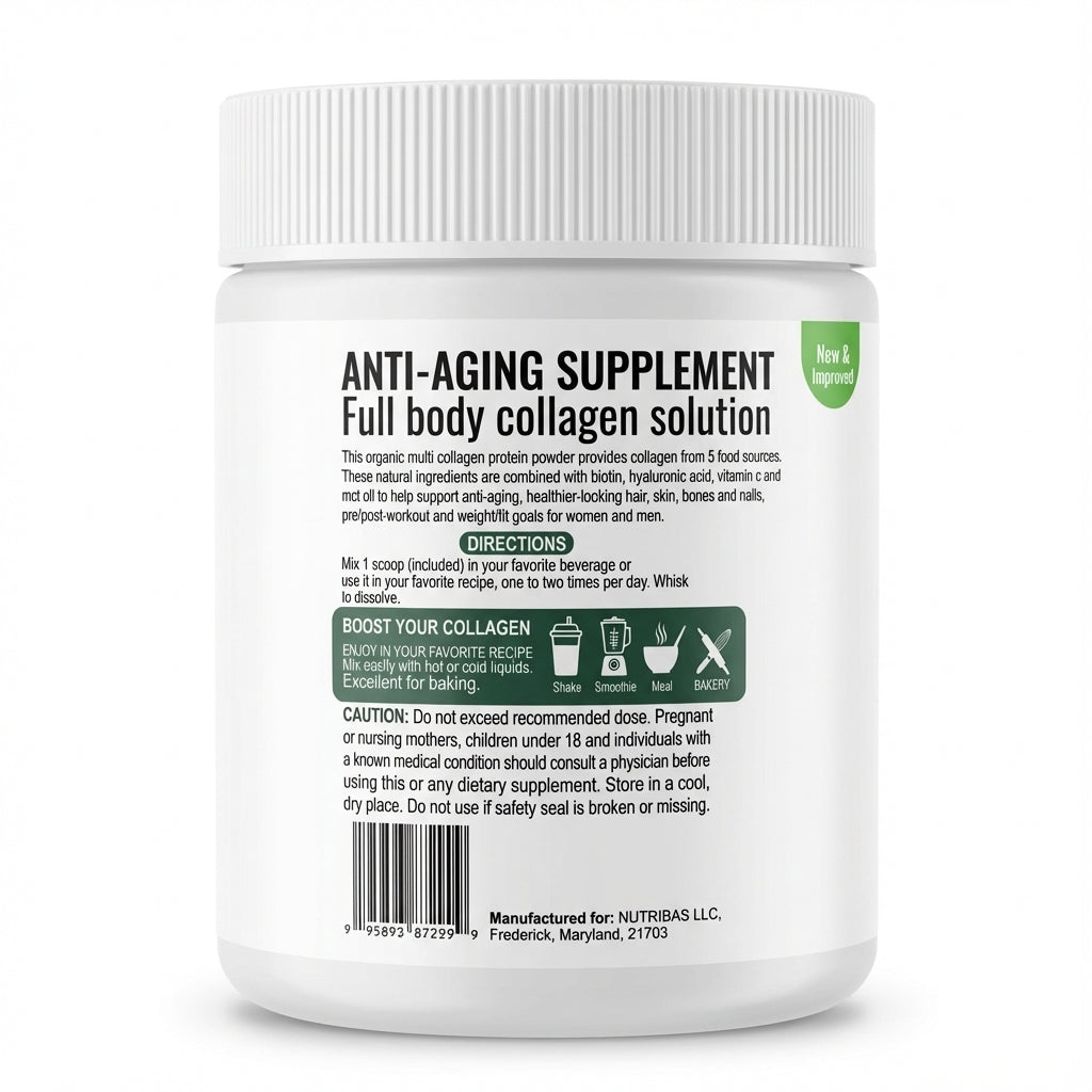 Anti-aging supplement container with label on a white background