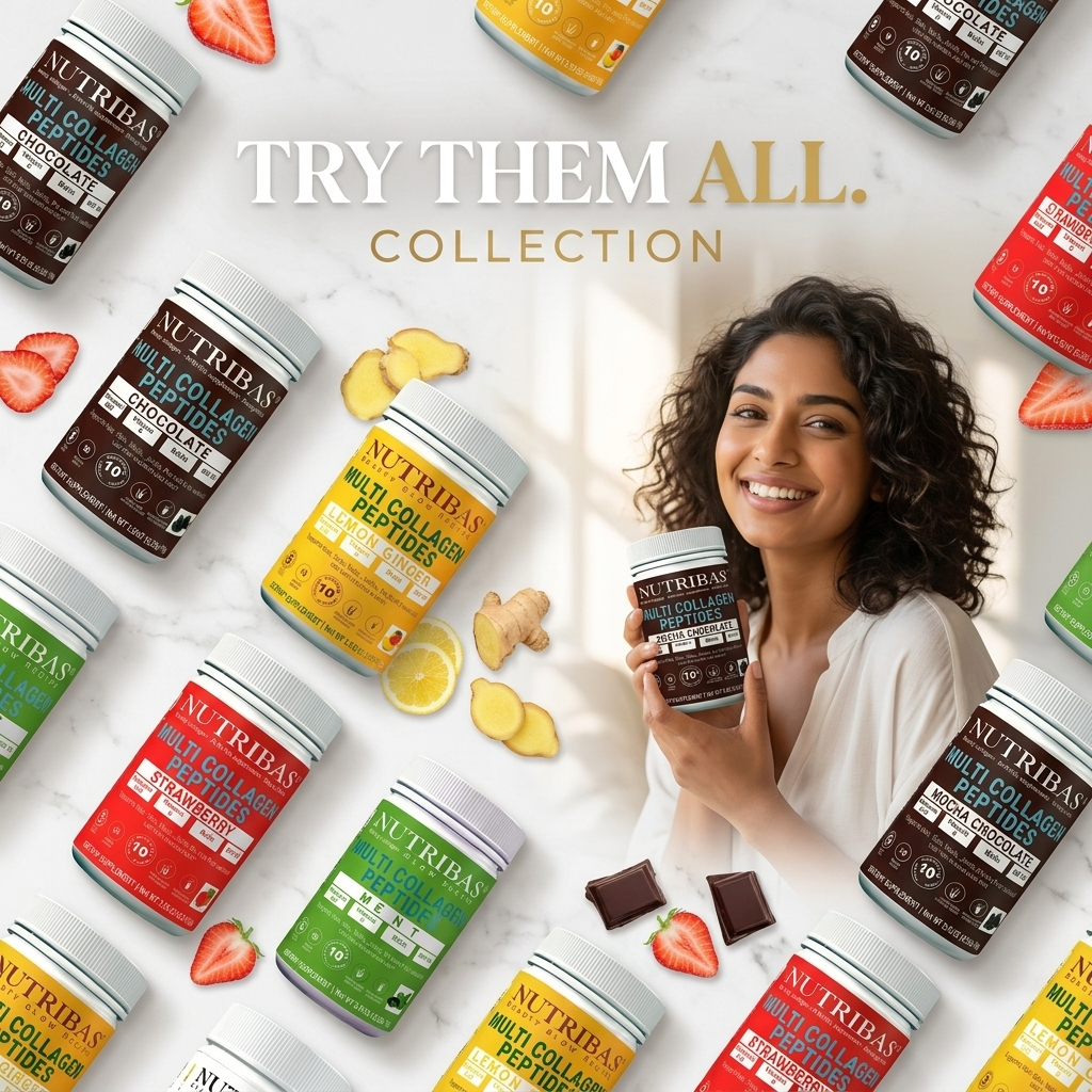 Woman holding a Nutribas supplement container with various supplement containers and ingredients in the background.