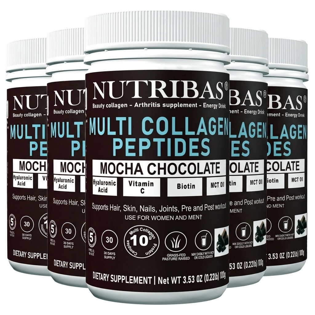 Multiple containers of Nutribas Multi Collagen Peptides in Mocha Chocolate flavor 5 pack on a white background.