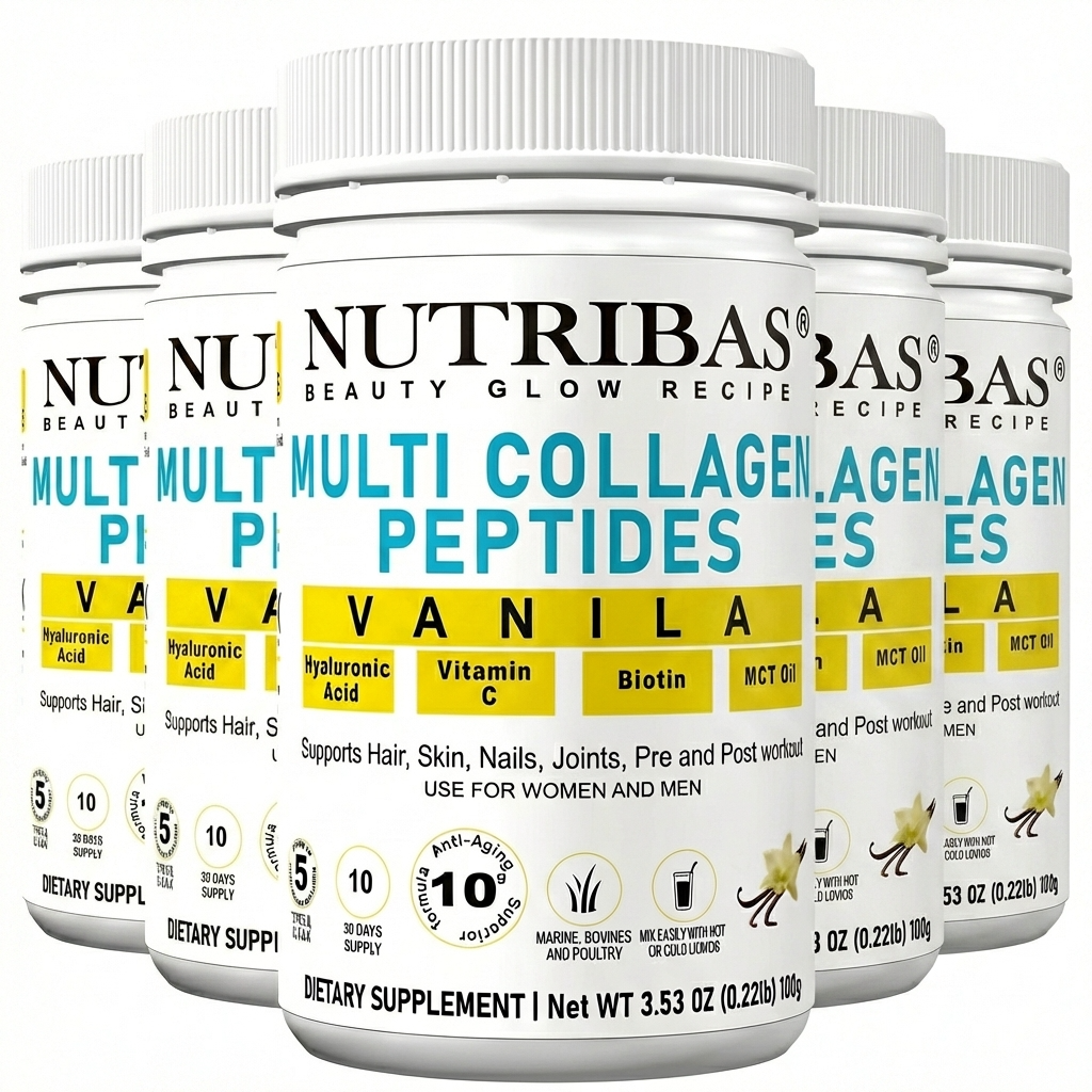 Multiple containers of Nutribas Multi Collagen Peptides vanilla 5 pack on a white background