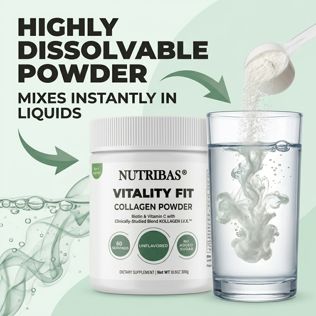Nutribas Vitality Fit Collagen Powder in a white tub shown next to a glass of water with powder being poured into it, on a pale green background with marketing text.