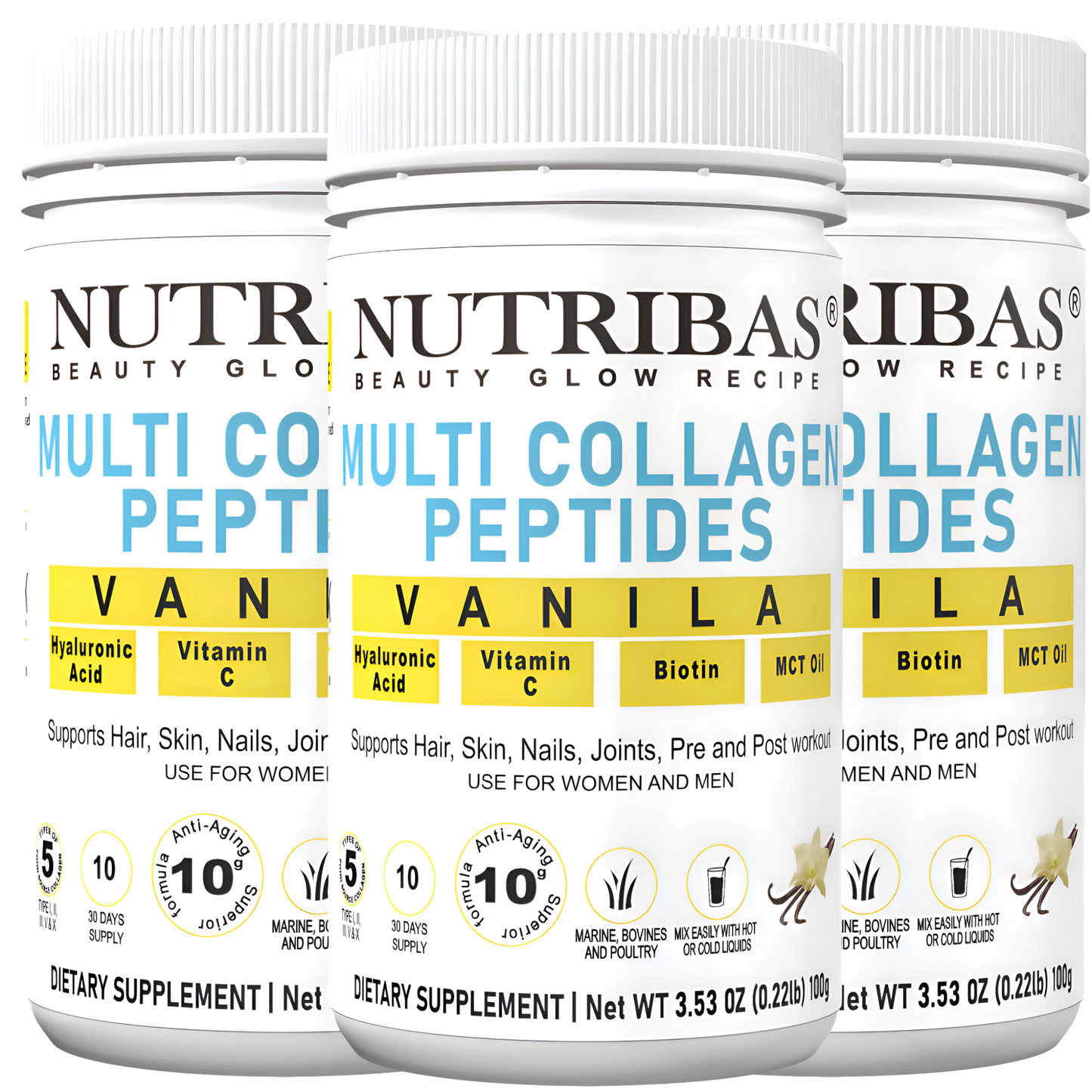 Three containers of Nutribas Multi Collagen Peptides with visible branding and product details.