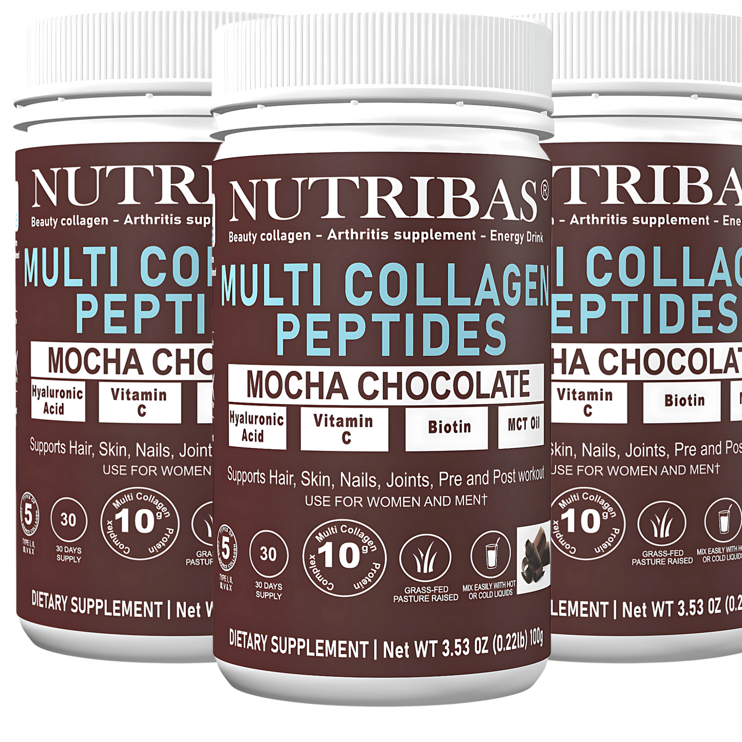Three bottles of Nutribas Multi Collagen Peptides Mocha Chocolate dietary supplement on a white background.