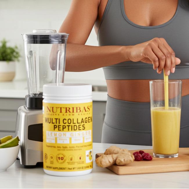 Woman in a kitchen preparing a smoothie with Nutribio Multi Collagen Peptides.