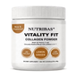 A white plastic jar of Nutribas Vitality Fit Collagen Powder with a white ribbed cap, featuring a label with brown accents and text detailing lemon ginger flavor.
