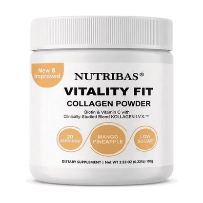 A white plastic jar of Nutribas Vitality Fit Collagen Powder on a clean white background. The label features black text and three orange circular callouts highlighting key features: 20 servings, Mango Pineapple flavor, and Low Sugar.