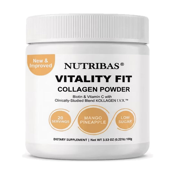 A white plastic jar of Nutribas Vitality Fit Collagen Powder on a clean white background. The label features black text and three orange circular callouts highlighting key features: 20 servings, Mango Pineapple flavor, and Low Sugar.