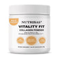 A white plastic jar of Nutribas Vitality Fit Collagen Powder on a clean white background. The label features black text and three orange circular callouts highlighting key features: 20 servings, Mango Pineapple flavor, and Low Sugar.