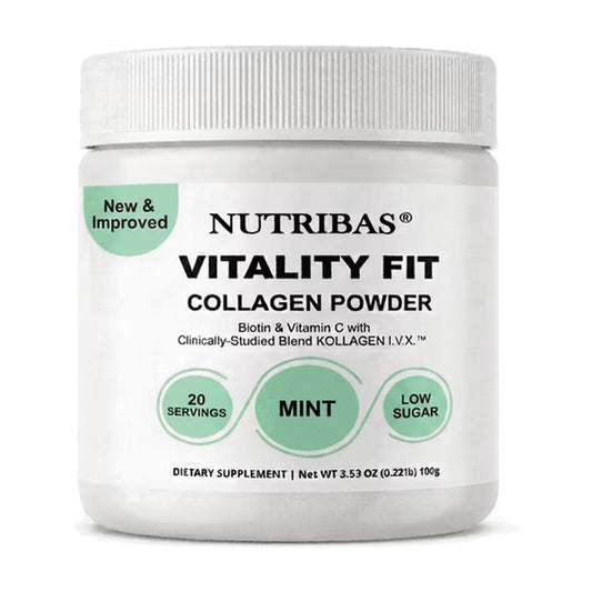 A white plastic jar of Nutribas Vitality Fit Collagen Powder with a white screw cap, featuring a mint green and black label on a white background.