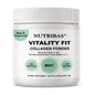 A white plastic jar of Nutribas Vitality Fit Collagen Powder with a white screw cap, featuring a mint green and black label on a white background.