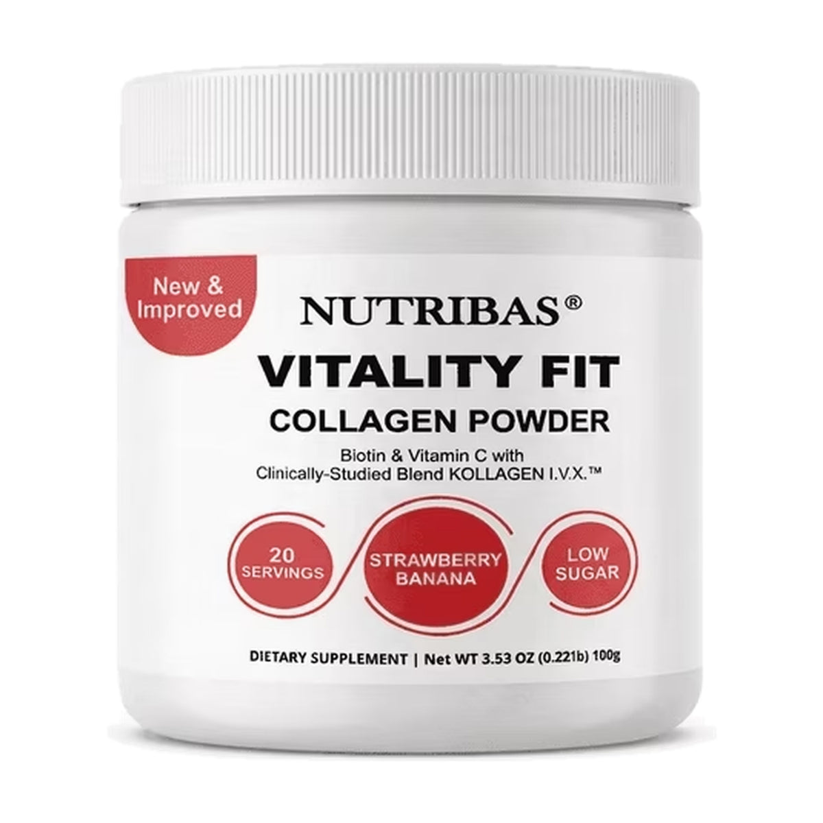 A white plastic jar of Nutribas Vitality Fit Collagen Powder on a white background. The label features black text and red accents, including a 'New & Improved' badge and circular icons for Strawberry Banana, 20 Servings, and Low Sugar.