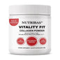 A white plastic jar of Nutribas Vitality Fit Collagen Powder on a white background. The label features black text and red accents, including a 'New & Improved' badge and circular icons for Strawberry Banana, 20 Servings, and Low Sugar.
