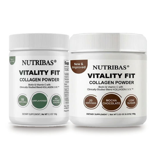 Two white plastic tubs of Nutribias Vitality Fit Collagen Powder shown on a clean white background, one labeled unflavored and one labeled mocha chocolate.