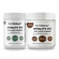 Two white plastic tubs of Nutribias Vitality Fit Collagen Powder shown on a clean white background, one labeled unflavored and one labeled mocha chocolate.