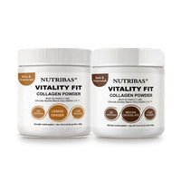 Two white plastic tubs of Nutribas Vitality Fit Collagen Powder shown side by side on a white background. The left tub is labeled Lemon Ginger, and the right tub is labeled Cocoa Chocolate.