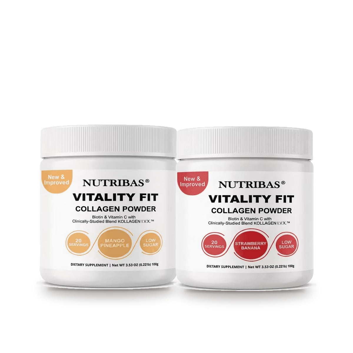 Two white plastic jars of Nutribas Vitality Fit Collagen Powder side by side on a white background, one with orange circular badges and the other with red circular badges.