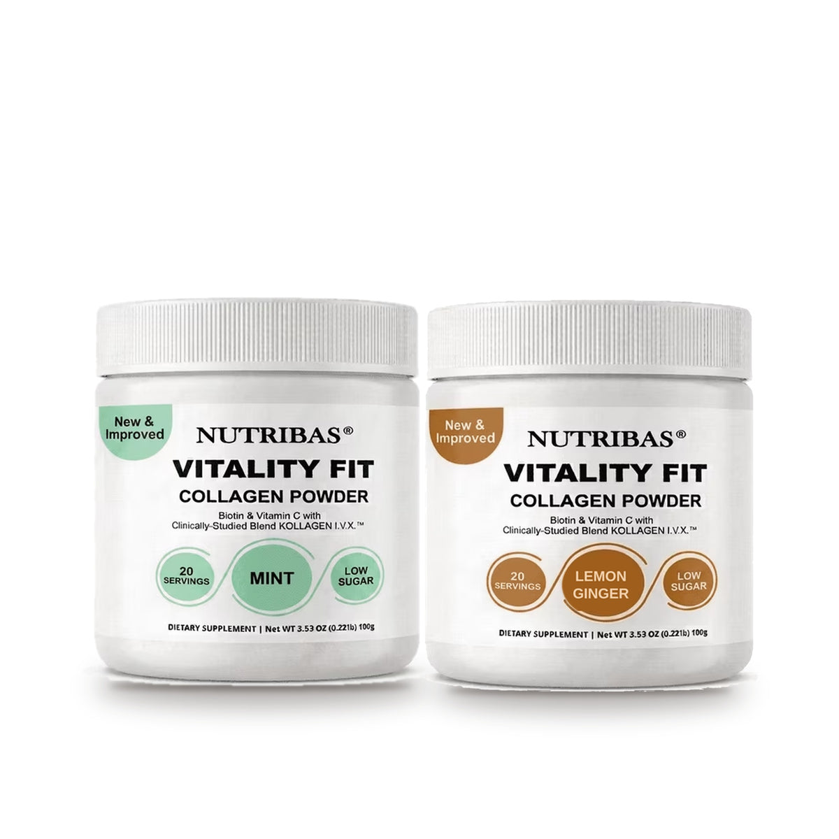 Two white plastic jars of Nutribias Vitality Fit Collagen Powder on a white background, one with mint green circular labels and one with lemon ginger orange circular labels.