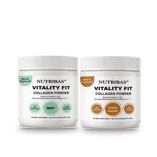 Two white plastic jars of Nutribias Vitality Fit Collagen Powder on a white background, one with mint green circular labels and one with lemon ginger orange circular labels.