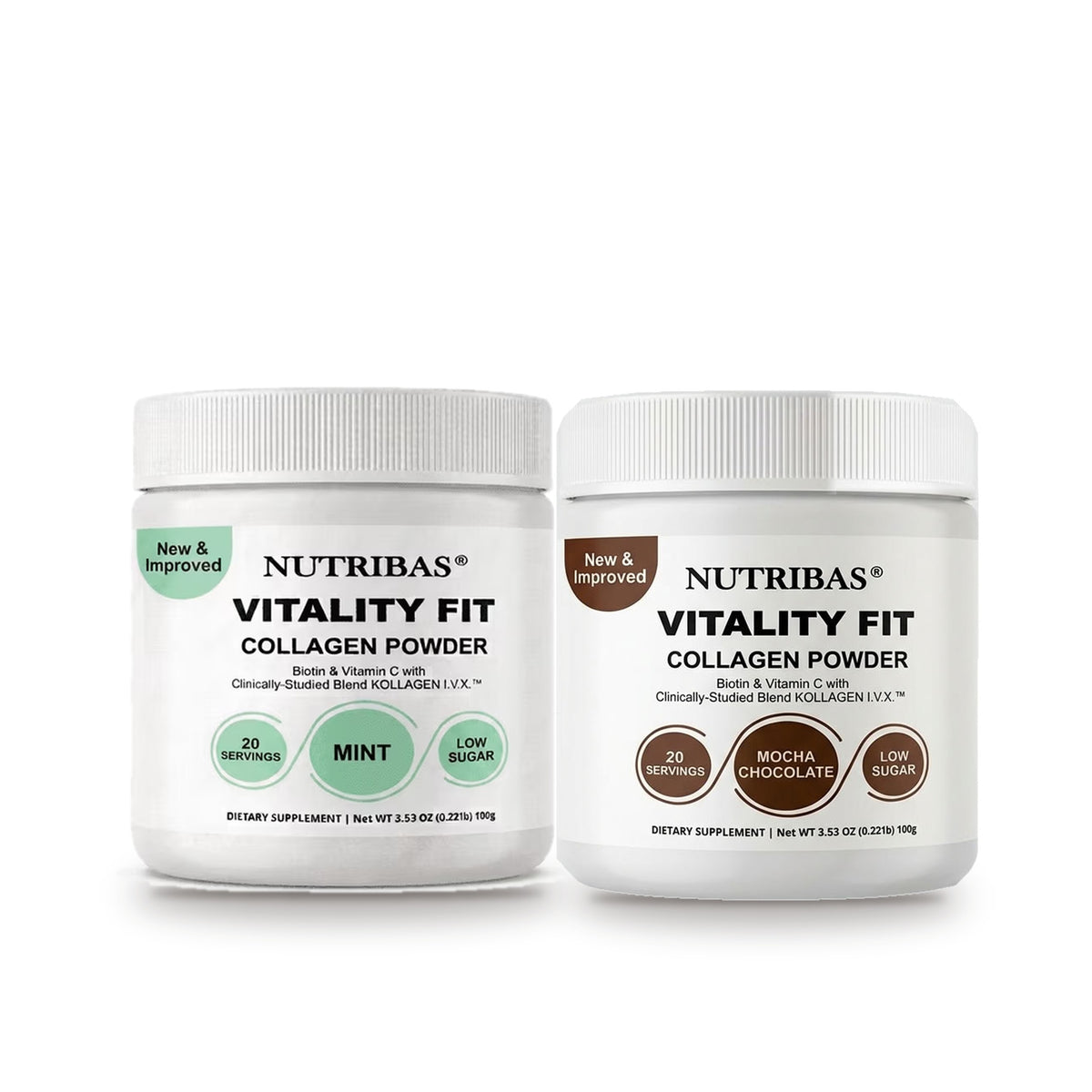 Two white plastic jars of Nutribas Vitality Fit Collagen Powder on a white background, one mint flavor and one chocolate flavor.