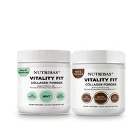 Two white plastic jars of Nutribas Vitality Fit Collagen Powder on a white background, one mint flavor and one chocolate flavor.