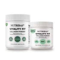 Two white plastic jars of Nutribas Vitality Fit Collagen Powder on a white background, one larger jar showing the 'New & Improved' label and one smaller mint-flavored jar.