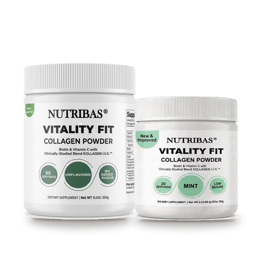 Two white plastic jars of Nutribas Vitality Fit Collagen Powder on a white background, one larger jar showing the 'New & Improved' label and one smaller mint-flavored jar.