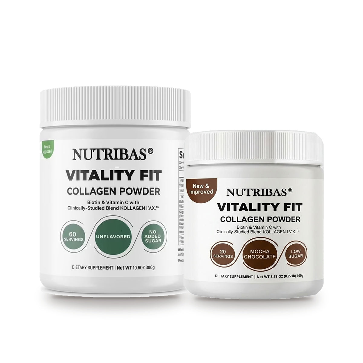 Two white plastic jars of Nutribas Vitality Fit Collagen Powder on a white background, one labeled 60 capsules and the other 20 servings, both with white lids and white labels featuring green and brown accents.