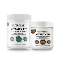 Two white plastic jars of Nutribas Vitality Fit Collagen Powder on a white background, one labeled 60 capsules and the other 20 servings, both with white lids and white labels featuring green and brown accents.