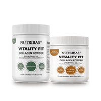 Two white plastic jars of Nutribas Vitality Fit Collagen Powder on a white background, one with a green circular badge and one with orange circular badges.