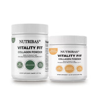 Two white plastic jars of Nutribas Vitality Fit Collagen Powder on a white background, one larger 5.3 oz jar and one smaller 3.