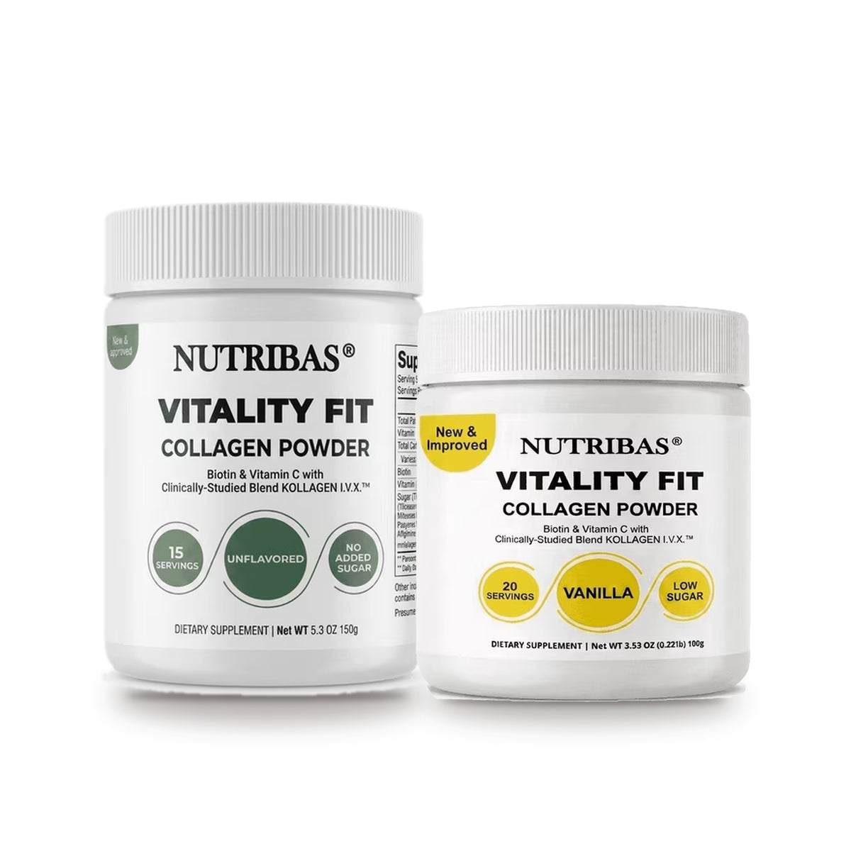 Two white plastic bottles of Nutribas Vitality Fit Collagen Powder on a white background, one labeled vanilla and one labeled unflavored, with green and yellow circular badges.