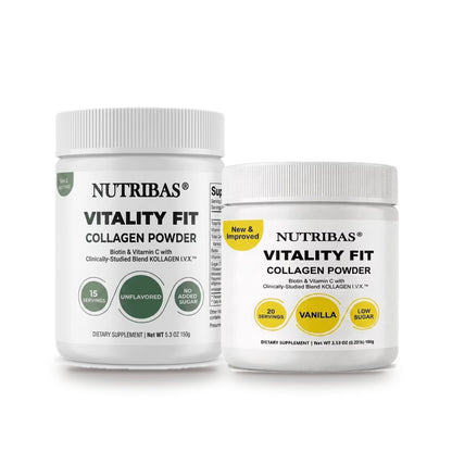 Two white plastic bottles of Nutribas Vitality Fit Collagen Powder on a white background, one labeled vanilla and one labeled unflavored, with green and yellow circular badges.