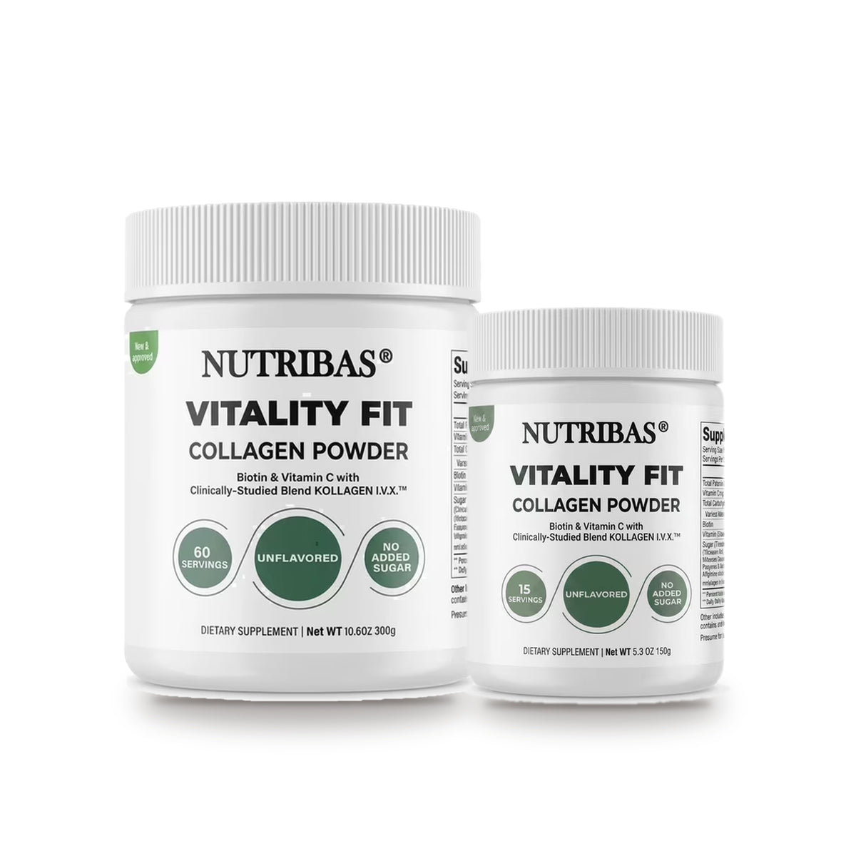 Two white plastic jars of Nutribas Vitality Fit Collagen Powder on a clean white background, with one larger jar in front and one smaller jar behind it.