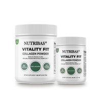 Two white plastic jars of Nutribas Vitality Fit Collagen Powder on a clean white background, with one larger jar in front and one smaller jar behind it.