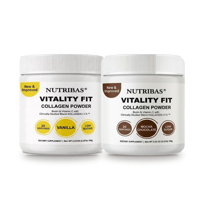 Two white plastic jars of Nutribas Collagen Powder on a white background. The left jar is labeled 'Vitality Fit' in Vanilla flavor with yellow accents, and the right jar is labeled 'Vitality Fit' in Cocoa Chocolate flavor with brown accents.