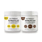 Two white plastic jars of Nutribas Collagen Powder on a white background. The left jar is labeled 'Vitality Fit' in Vanilla flavor with yellow accents, and the right jar is labeled 'Vitality Fit' in Cocoa Chocolate flavor with brown accents.