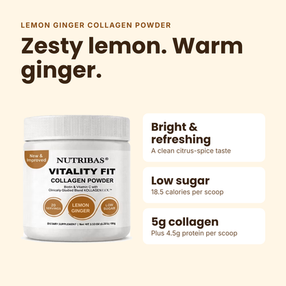 A white tub of Nutribas Vitality Fit Collagen Powder with lemon ginger flavor, shown on a warm beige background with descriptive text highlighting its bright, refreshing citrus-spice taste, low sugar content, and 5g collagen per scoop.