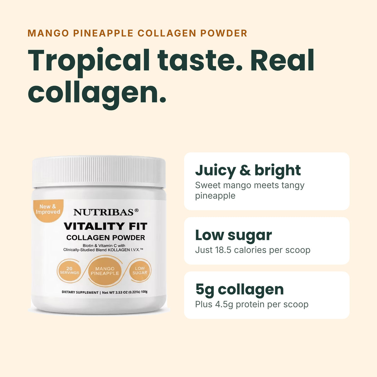 Nutribas Vitality Fit Collagen Powder in Mango Pineapple flavor, shown in a white tub on a light beige background with promotional text highlighting its juicy tropical taste, low sugar content, and 5g collagen per scoop.