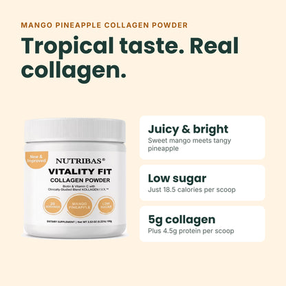 Nutribas Vitality Fit Collagen Powder in Mango Pineapple flavor, shown in a white tub on a light beige background with promotional text highlighting its juicy tropical taste, low sugar content, and 5g collagen per scoop.