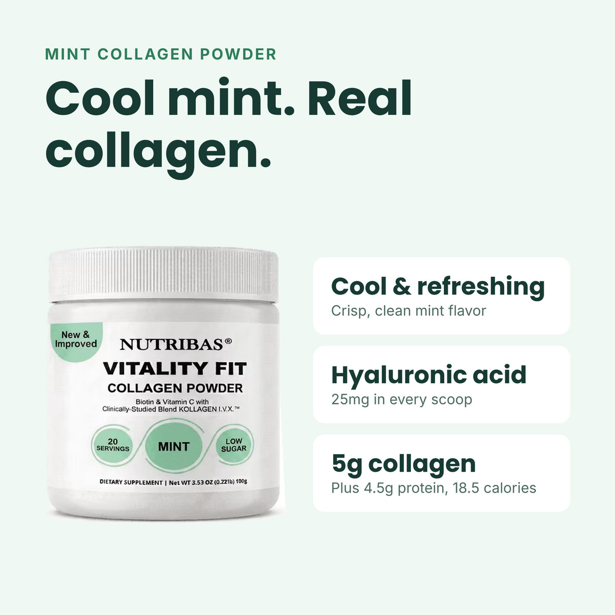 A white tub of Nutribibas Vitality Fit Collagen Powder with mint green accents, shown on a pale mint green background with marketing text describing the cool mint flavor and key ingredients.