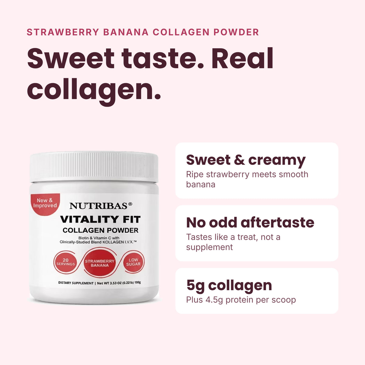 A white tub of Nutribas Vitality Fit Collagen Powder in Strawberry Banana flavor on a pale pink background, with marketing text describing the sweet creamy taste, no odd aftertaste, and 5g collagen per scoop.