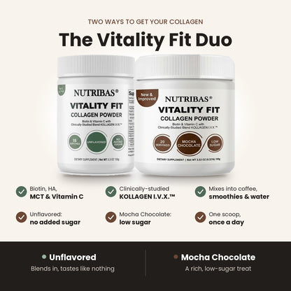 Two white Nutribias Vitality Fit Collagen Powder jars shown side by side on a light beige background, with marketing text and feature callouts below. The left jar is labeled Vitality Fit Collagen Powder, and the right jar is labeled Mocha Chocolate.