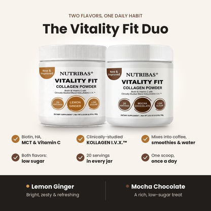 Two white jars of Nutribas Vitality Fit Collagen Powder shown side by side on a light beige background, with text above and below describing the two flavors: Lemon Ginger and Mocha Chocolate. The image includes feature callouts with checkmarks and flavor descriptions.