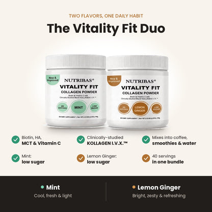 Two white jars of Nutribias Vitality Fit Collagen Powder shown side by side on a light beige background, labeled Mint and Lemon Ginger flavors. The image includes marketing text and feature callouts below the products.