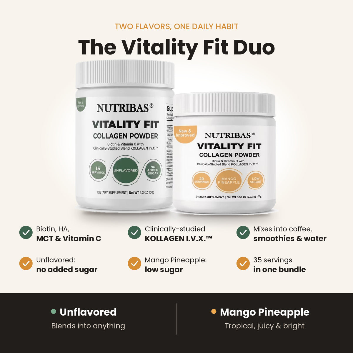 Two white Nutribas Vitality Fit Collagen Powder jars shown on a light beige background with marketing text and feature callouts below. The left jar is labeled Unflavored and the right jar is labeled Mango Pineapple.