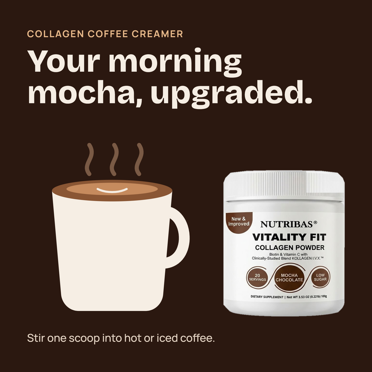 Nutribas Vitality Fit Collagen Powder in a white tub, shown next to a coffee cup illustration on a dark brown background with marketing text for collagen coffee creamer.