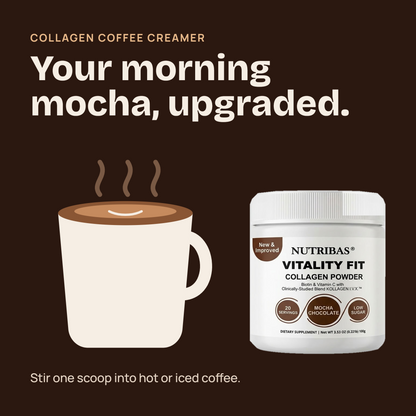 Nutribas Vitality Fit Collagen Powder in a white tub, shown next to a coffee cup illustration on a dark brown background with marketing text for collagen coffee creamer.